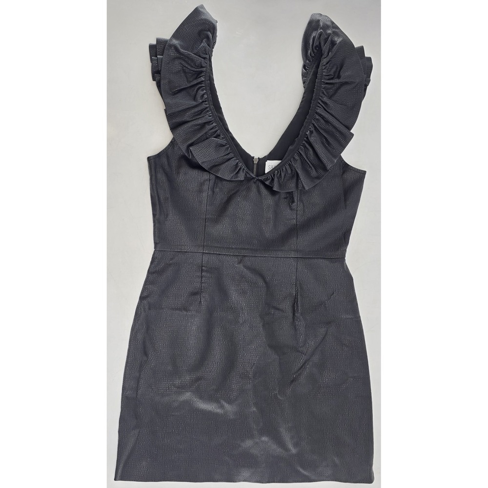 SAYLOR Black Vegan Leather Dress - Frilled Shoulder Stretch Fit - Sz Medium
